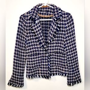 Plaid fringe edged tweed blazer jacket